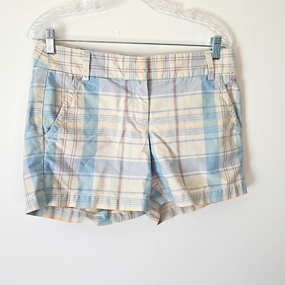 Plaid Cotton Blend Women’s Shorts - Light Blue & Cream